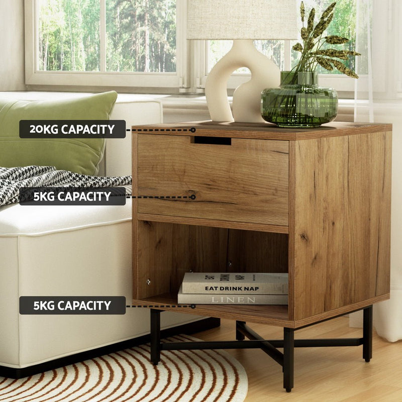 Industrial Style Bedside Table With Drawer Oak - Furniture > Bedroom - Bedzy Australia