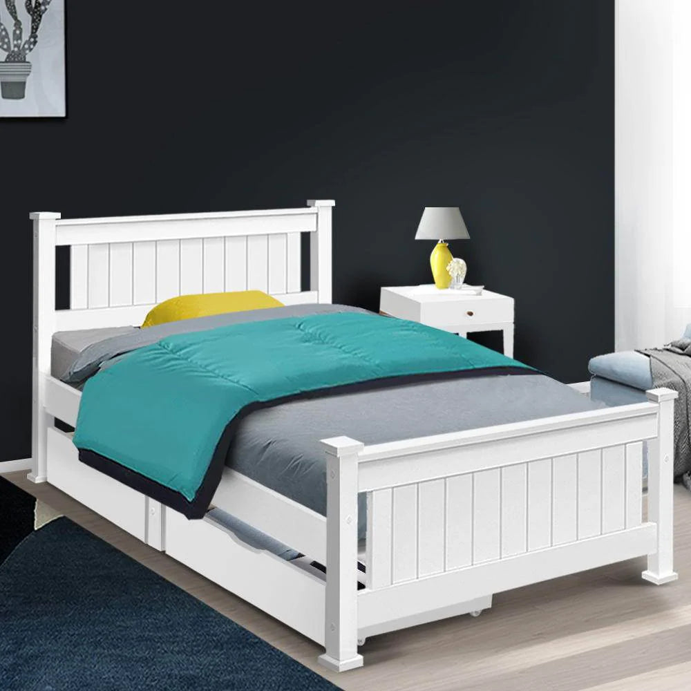 Single Premium Package | Cottesloe Wooden Bed With Two Drawers White, Alanya Euro Top Pocket Spring Mattress (Medium Firm) & Pillowtop Mattress Topper