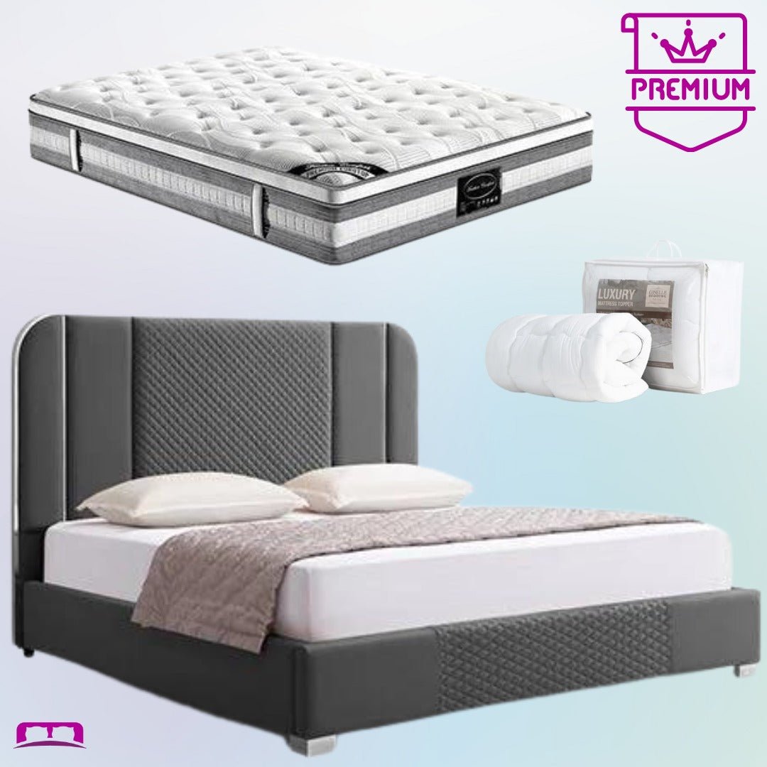 King Premium Package | Bedzy Luxe Halcyon King Bed Frame Black, Plush Premium Euro Top Pocket Spring Mattress (Medium Firm) & Bamboo Mattress Topper! - Bedzy Australia