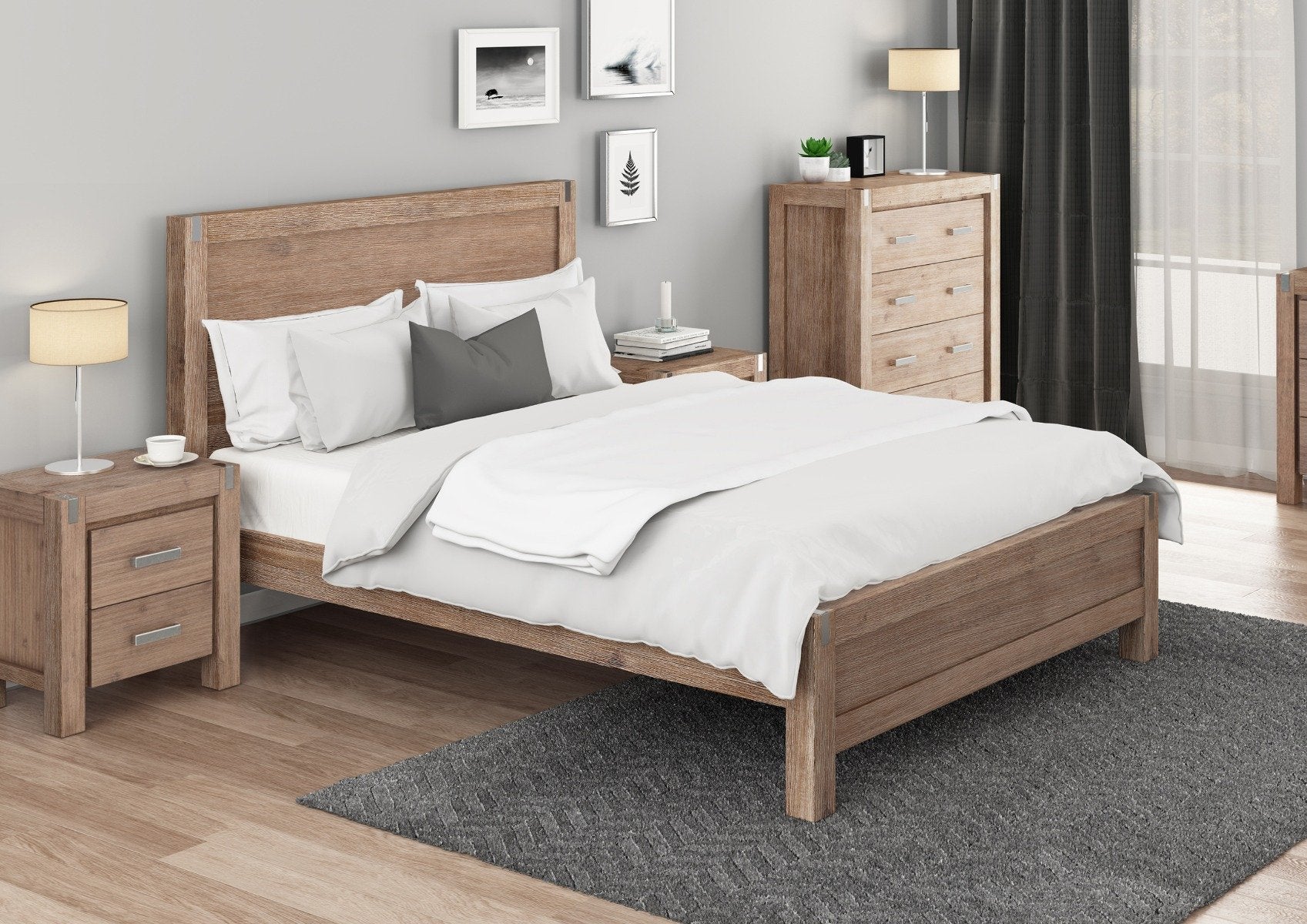 King Package | Nowra King Solid Acacia Wood Bed Frame Oak & Serenity Euro Top Mattress (Medium Firm)