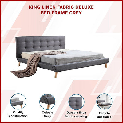 Linen Fabric Deluxe King Bed Frame Grey - Bedzy Australia