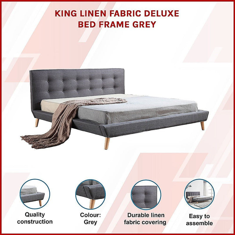 Linen Fabric Deluxe King Bed Frame Grey - Bedzy Australia