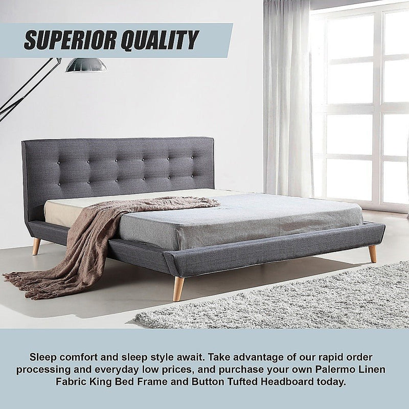 Linen Fabric Deluxe King Bed Frame Grey - Bedzy Australia