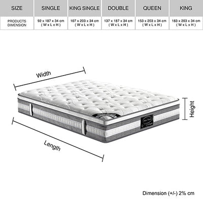 Mattress Euro Top Double Size Pocket Spring Coil with Knitted Fabric Medium Firm 34cm Thick - Furniture > Mattresses - Bedzy Australia