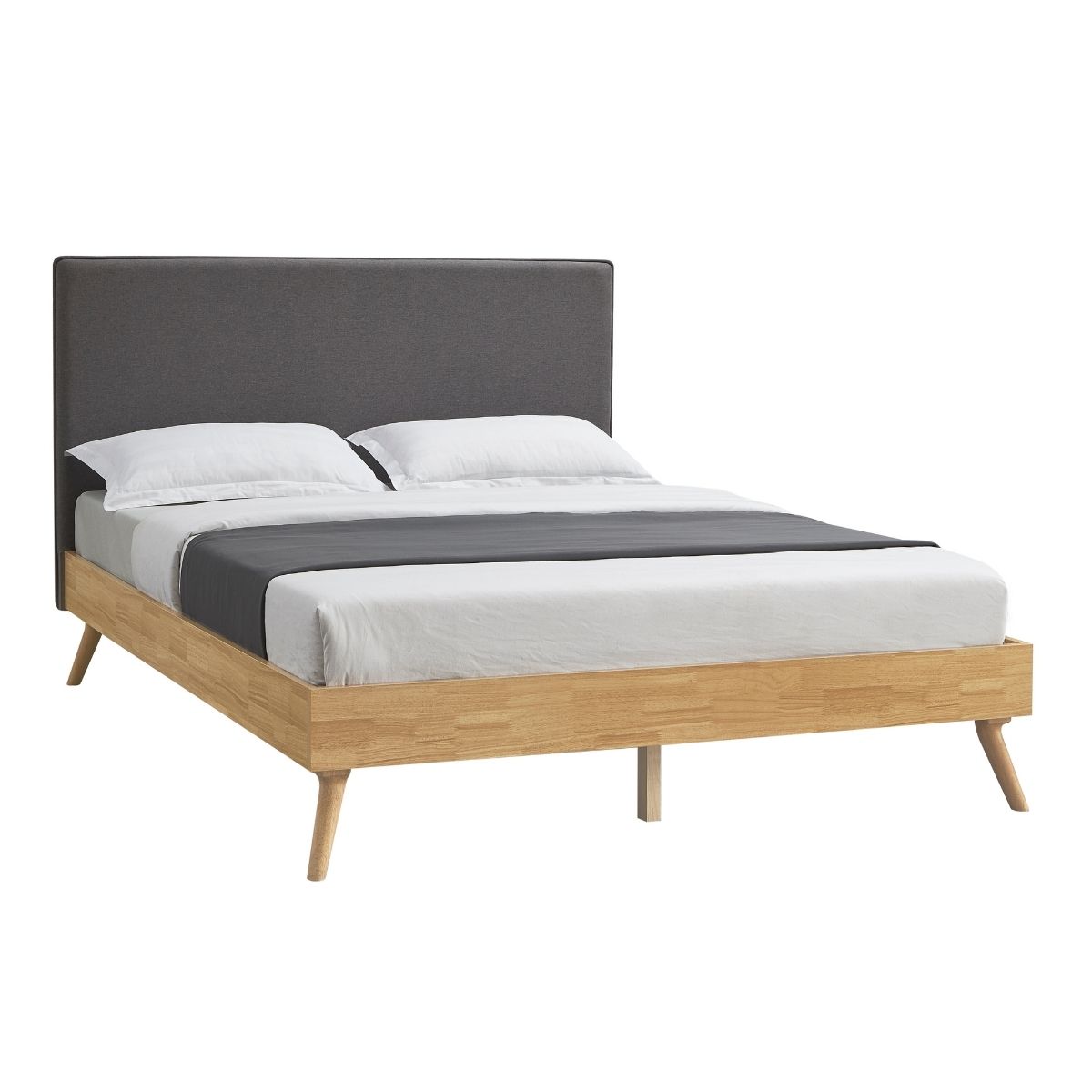 Natural Oak Double Bed Frame With Fabric Headboard - Oak & Grey - Furniture > Bedroom - Bedzy Australia