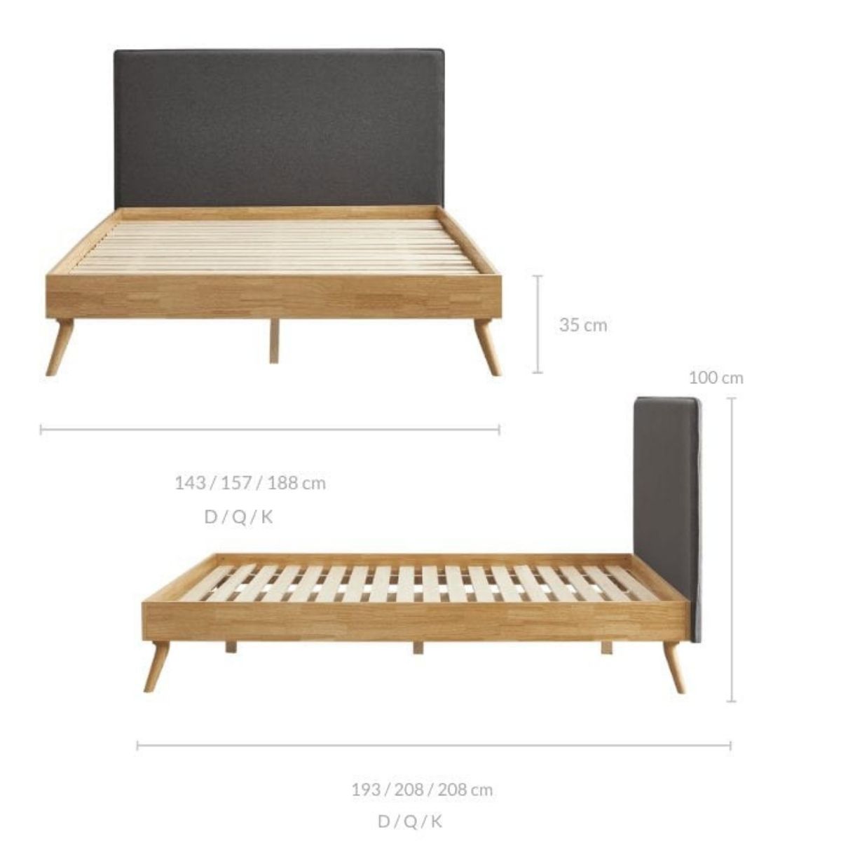 Natural Oak Double Bed Frame With Fabric Headboard - Oak & Grey - Furniture > Bedroom - Bedzy Australia
