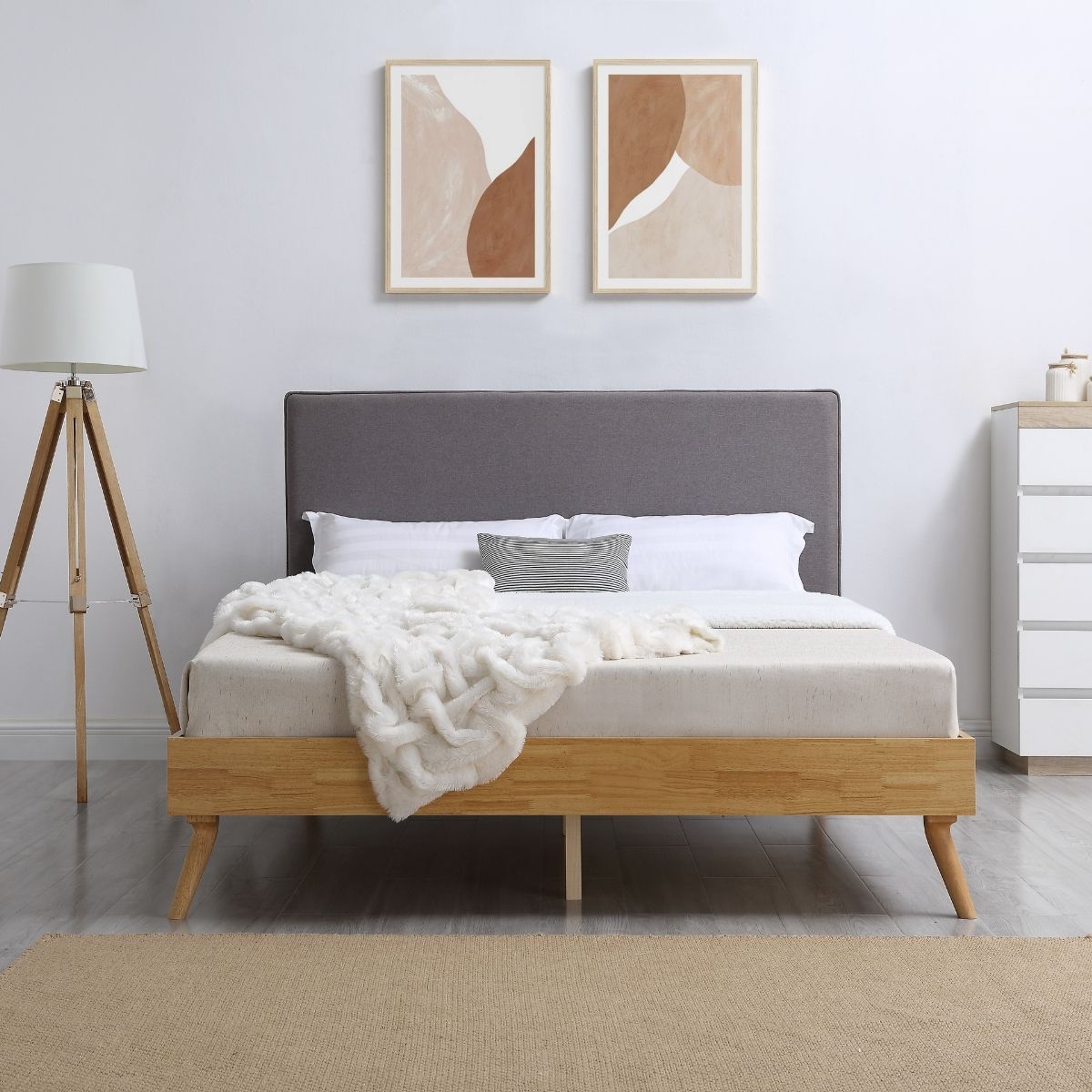 Natural Oak Double Bed Frame With Fabric Headboard - Oak & Grey - Furniture > Bedroom - Bedzy Australia