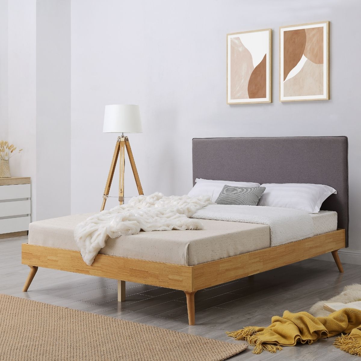 Natural Oak Queen Bed Frame With Fabric Headboard - Oak & Grey - Furniture > Bedroom - Bedzy Australia