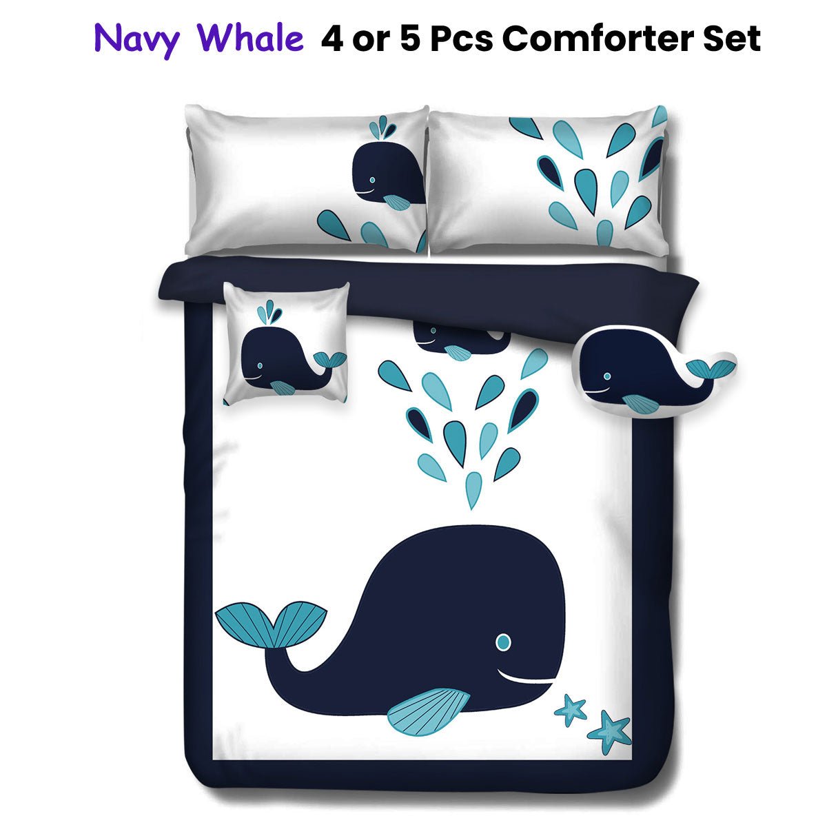 Navy Whale Kids Advventure 5 Pcs Comforter Set Double - Home & Garden > Bathroom Accessories - Bedzy Australia