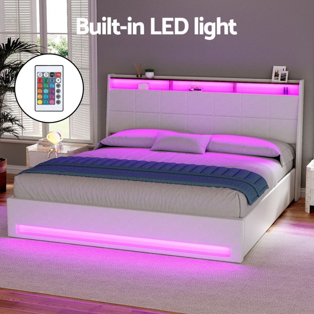 King Package | Sunset Gas Lift LED Bed Frame White & Serenity Euro Top Mattress (Medium Firm)