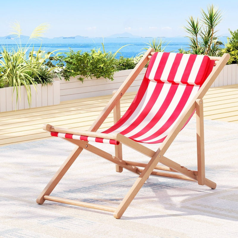 Outdoor Deck Chair Wooden Sun Lounge Folding Beach Patio Furniture Red - Furniture > Outdoor - Bedzy Australia