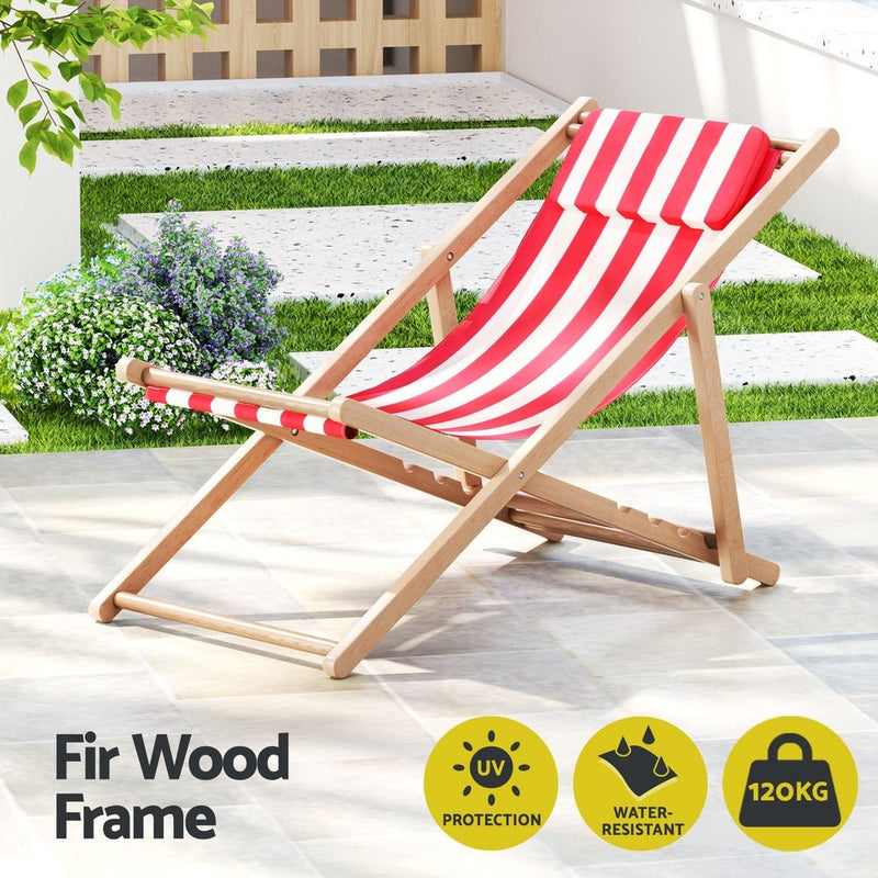 Outdoor Deck Chair Wooden Sun Lounge Folding Beach Patio Furniture Red - Furniture > Outdoor - Bedzy Australia