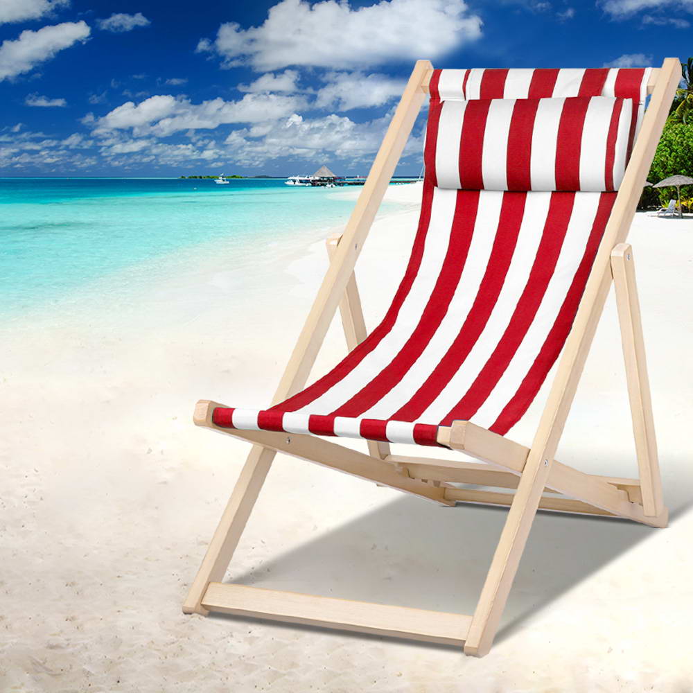 Outdoor Deck Chair Wooden Sun Lounge Folding Beach Patio Furniture Red - Furniture > Outdoor - Bedzy Australia