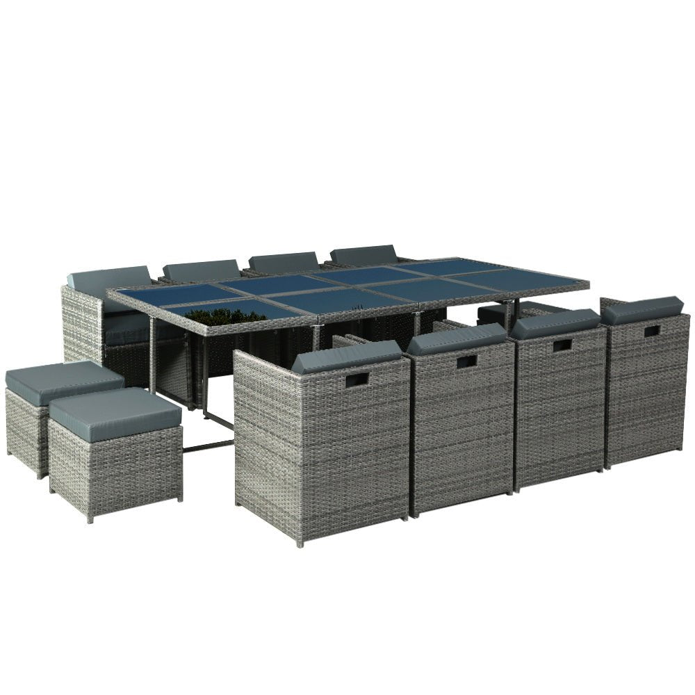 Outdoor Dining Set 13 Piece Wicker Table Chairs Setting Grey - Furniture > Outdoor - Bedzy Australia