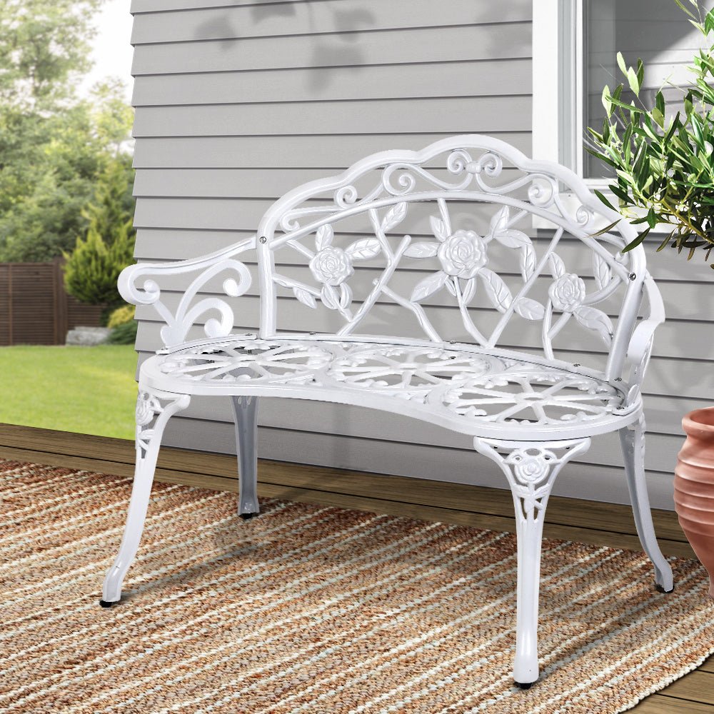 Outdoor Garden Bench Seat 100cm Cast Aluminium Outdoor Patio Chair Vintage White - Furniture > Outdoor - Bedzy Australia
