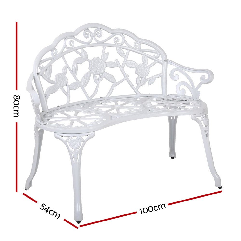 Outdoor Garden Bench Seat 100cm Cast Aluminium Outdoor Patio Chair Vintage White - Furniture > Outdoor - Bedzy Australia