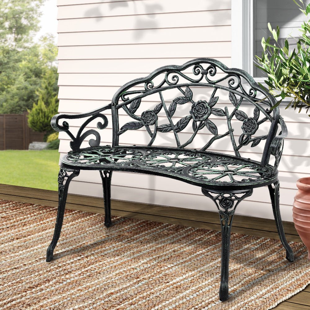 Outdoor Garden Bench Seat 100cm Cast Aluminium Patio Chair Vintage Green - Furniture > Outdoor - Bedzy Australia
