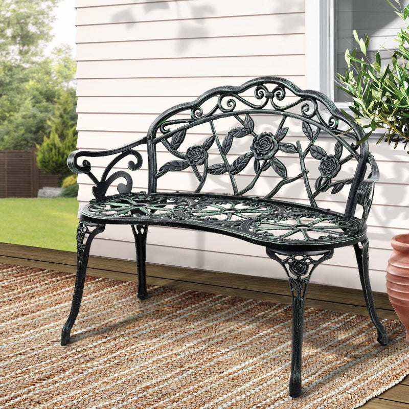 Outdoor Garden Bench Seat 100cm Cast Aluminium Patio Chair Vintage Green - Furniture > Outdoor - Bedzy Australia