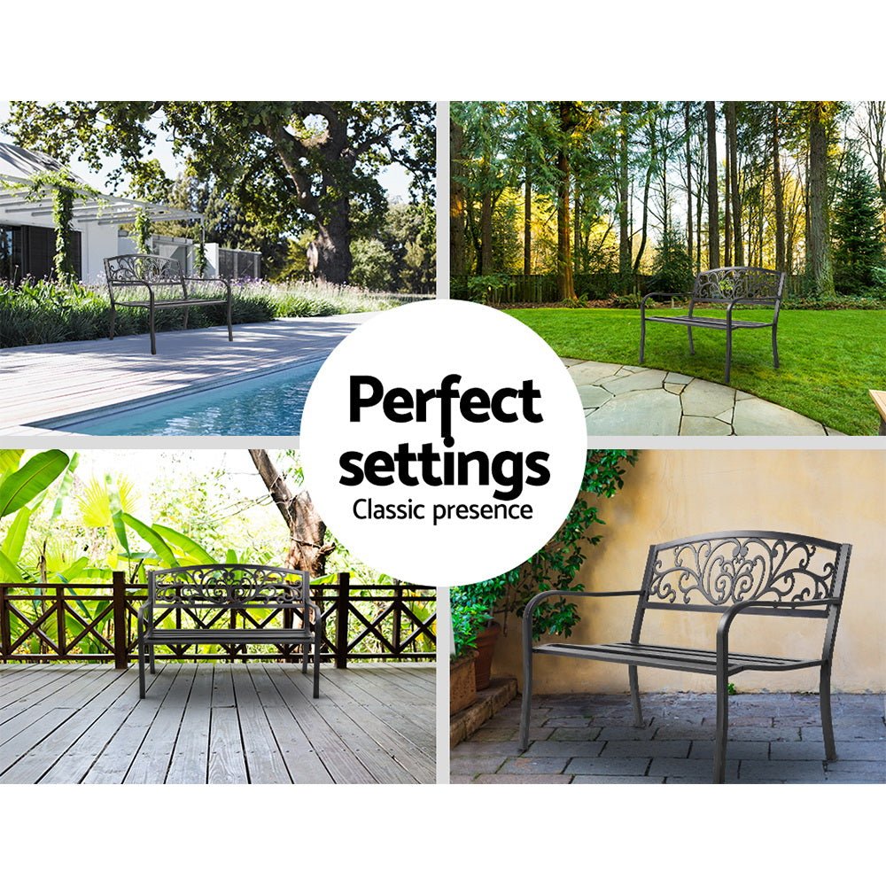 Outdoor Garden Bench Seat Steel Outdoor Furniture 3 Seater Park Black - Furniture > Outdoor - Bedzy Australia