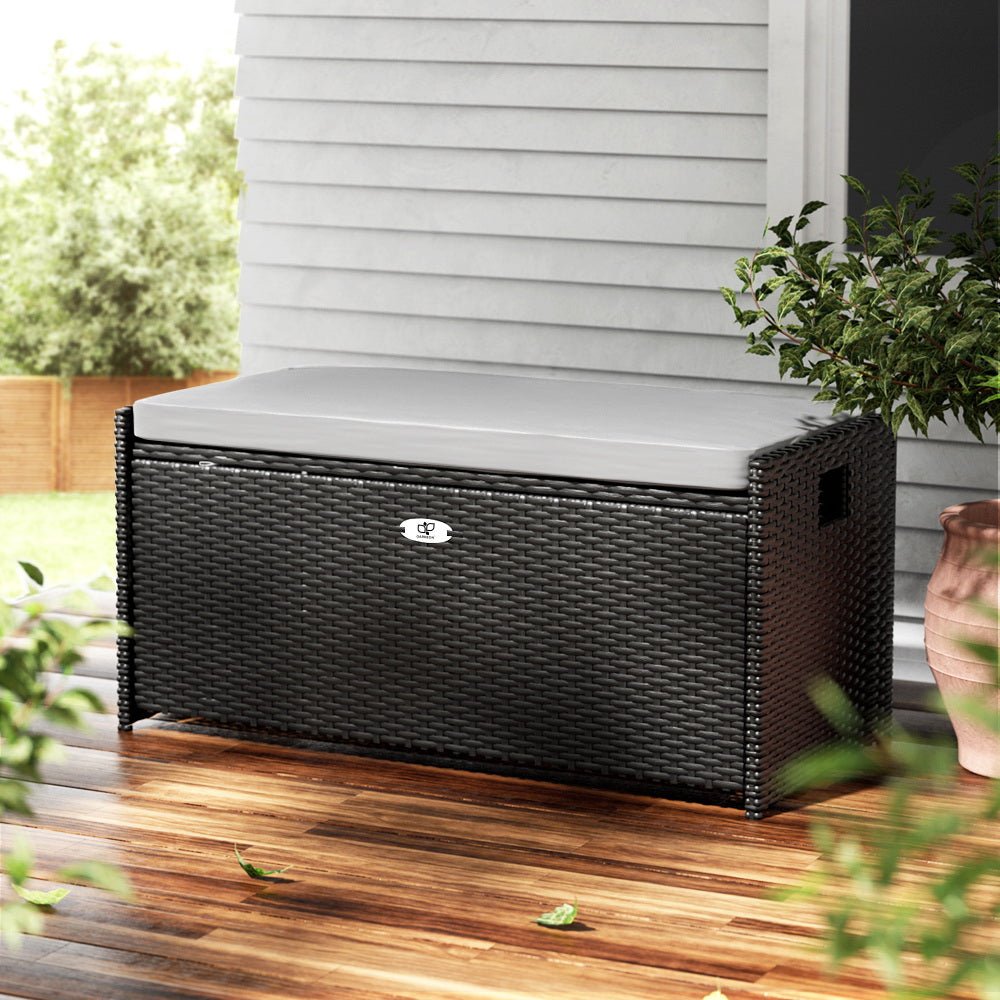 Outdoor Storage Bench Box Wicker Garden Sheds Tools Cushion Patio Furniture Black - Home & Garden > Storage - Bedzy Australia