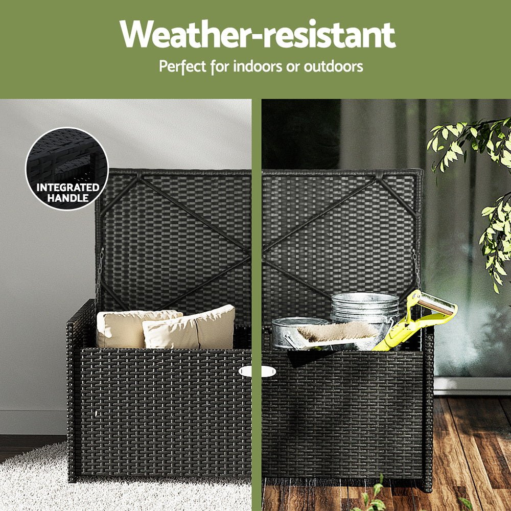 Outdoor Storage Bench Box Wicker Garden Sheds Tools Cushion Patio Furniture Black - Home & Garden > Storage - Bedzy Australia