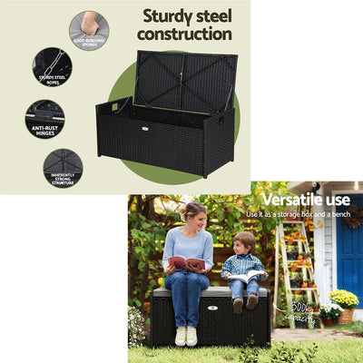 Outdoor Storage Bench Box Wicker Garden Sheds Tools Cushion Patio Furniture Black - Home & Garden > Storage - Bedzy Australia