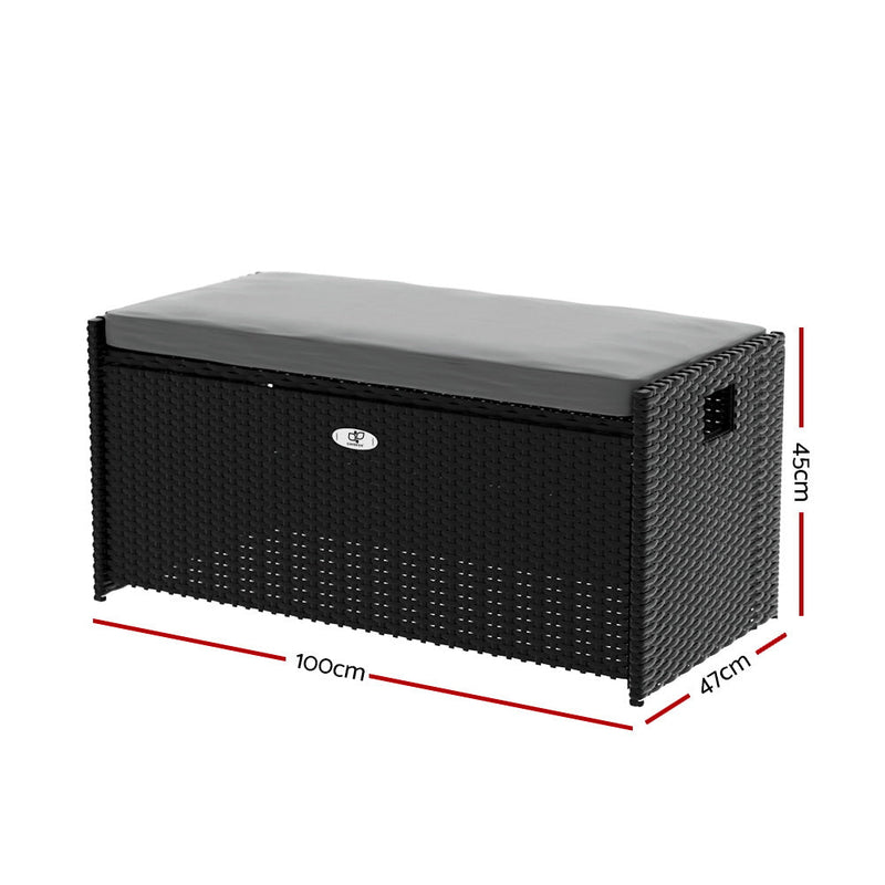 Outdoor Storage Bench Box Wicker Garden Sheds Tools Cushion Patio Furniture Black - Home & Garden > Storage - Bedzy Australia