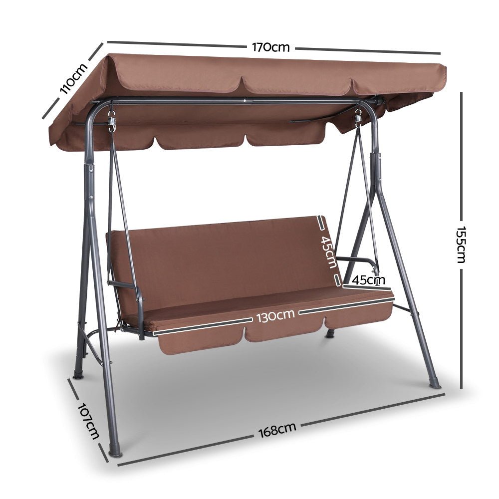 Outdoor Swing Chair Garden Bench Furniture Canopy 3 Seater Coffee - Home & Garden > Garden Furniture - Bedzy Australia