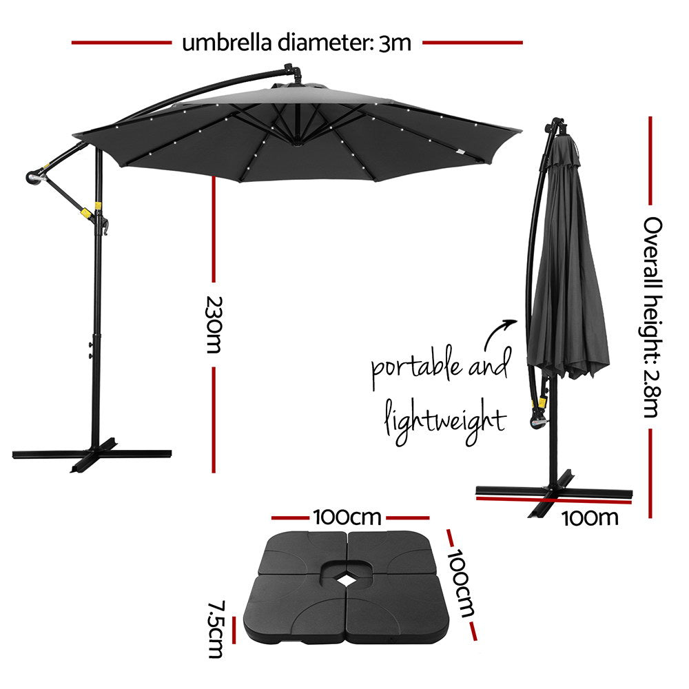 Outdoor Umbrella 3M Cantilever Beach LED Base Garden Sun Patio Charcoal - Home & Garden > Shading > Umbrellas & Sunshades - Bedzy Australia