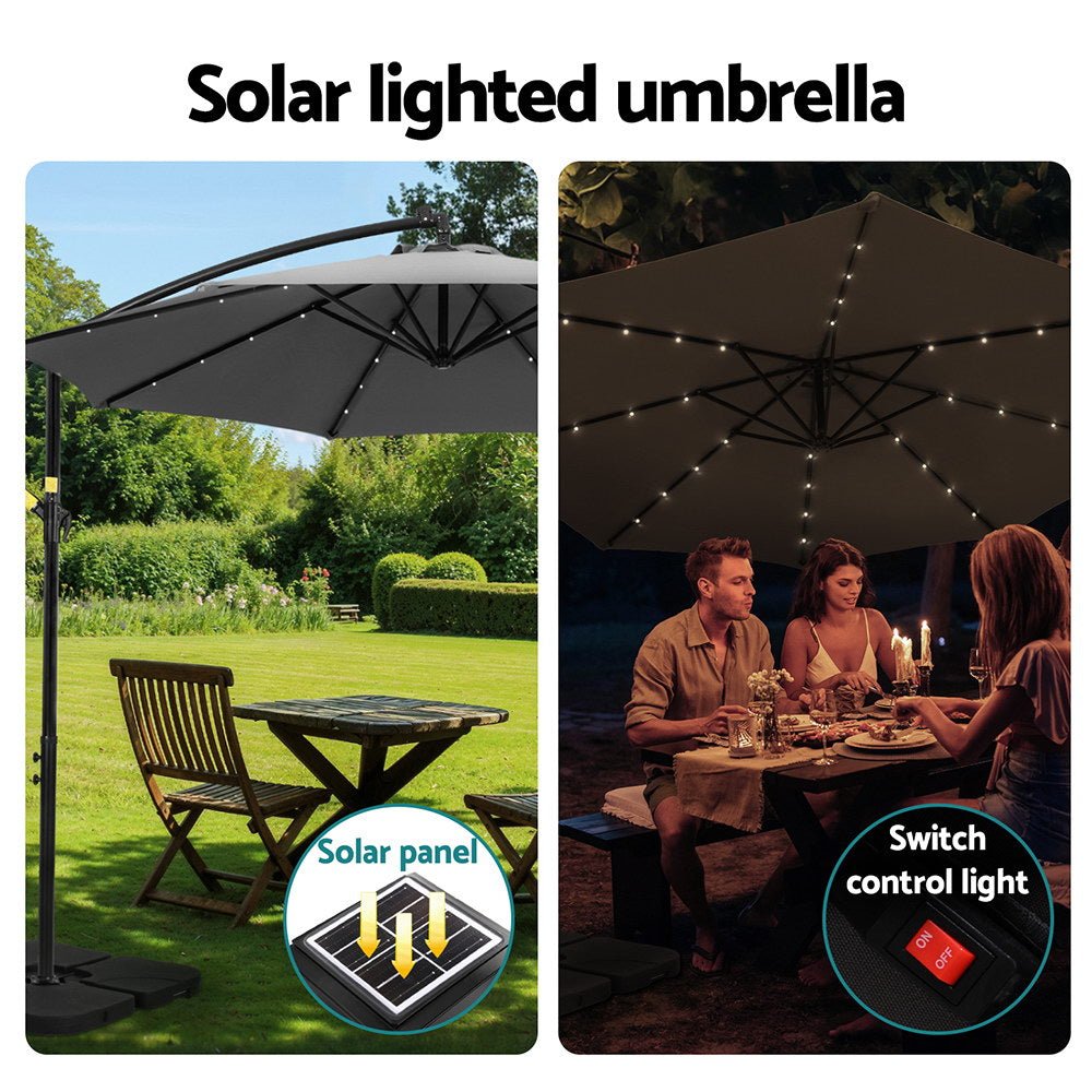 Outdoor Umbrella 3M Cantilever Beach LED Base Garden Sun Patio Charcoal - Home & Garden > Shading > Umbrellas & Sunshades - Bedzy Australia