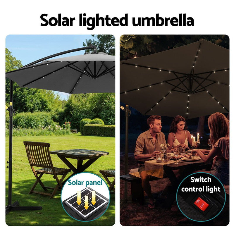 Outdoor Umbrella 3M Cantilever Beach LED Garden Shade Patio Charcoal - Home & Garden > Shading > Umbrellas & Sunshades - Bedzy Australia
