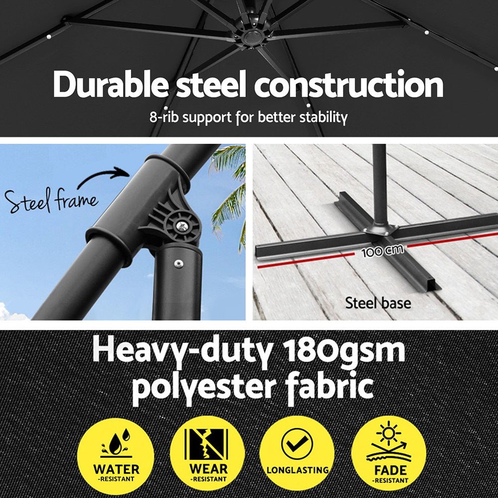 Outdoor Umbrella 3M Cantilever Beach LED Garden Shade Patio Charcoal - Home & Garden > Shading > Umbrellas & Sunshades - Bedzy Australia