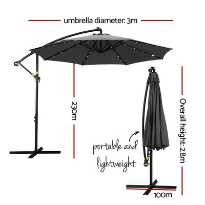Outdoor Umbrella 3M Cantilever Beach LED Garden Shade Patio Charcoal - Home & Garden > Shading > Umbrellas & Sunshades - Bedzy Australia