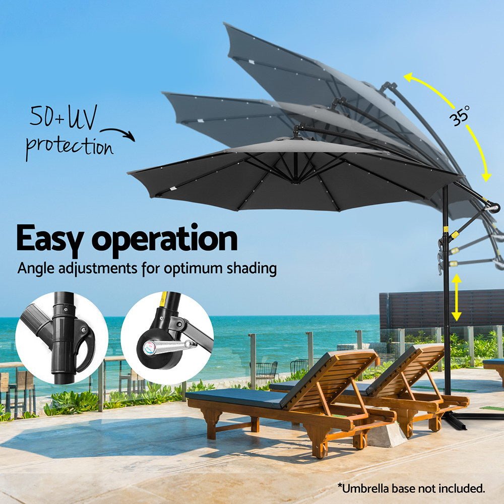 Outdoor Umbrella 3M Cantilever Beach LED Garden Shade Patio Charcoal - Home & Garden > Shading > Umbrellas & Sunshades - Bedzy Australia