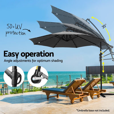 Outdoor Umbrella 3M Cantilever Beach LED Garden Shade Patio Charcoal - Home & Garden > Shading > Umbrellas & Sunshades - Bedzy Australia