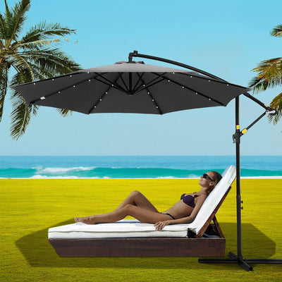 Outdoor Umbrella 3M Cantilever Beach LED Garden Shade Patio Charcoal - Home & Garden > Shading > Umbrellas & Sunshades - Bedzy Australia