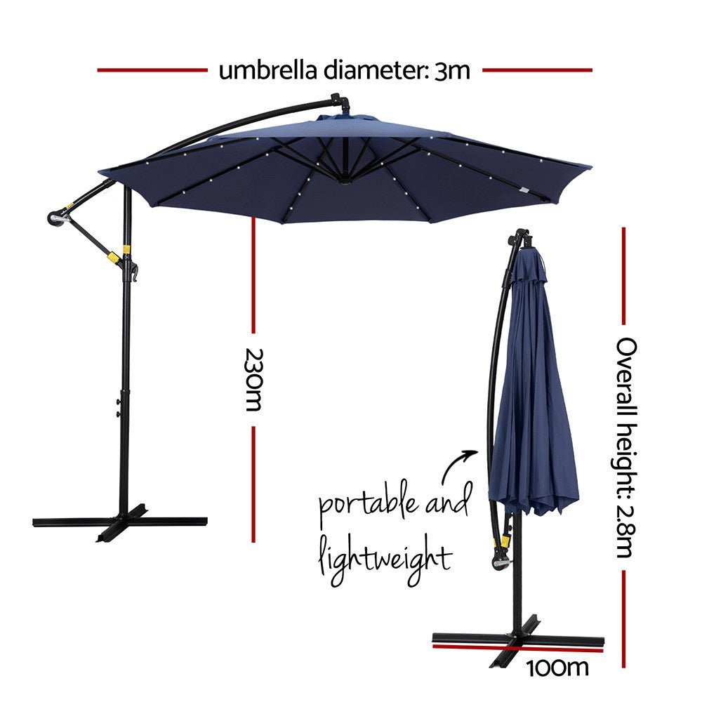 Outdoor Umbrella 3M Cantilever Beach LED Umbrellas Garden Shade Patio - Home & Garden > Shading > Umbrellas & Sunshades - Bedzy Australia