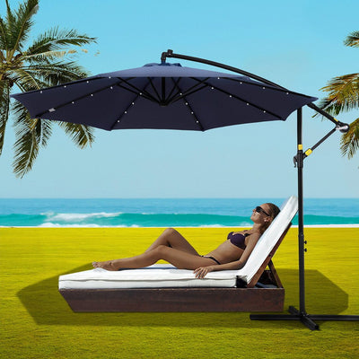 Outdoor Umbrella 3M Cantilever Beach LED Umbrellas Garden Shade Patio - Home & Garden > Shading > Umbrellas & Sunshades - Bedzy Australia