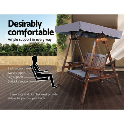 Outdoor Wooden Swing Chair Garden Bench Canopy Cushion 2 Seater Charcoal - Furniture > Outdoor - Bedzy Australia