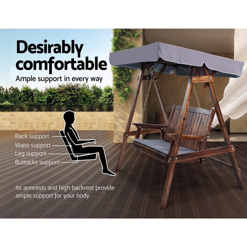 Outdoor Wooden Swing Chair Garden Bench Canopy Cushion 2 Seater Charcoal - Furniture > Outdoor - Bedzy Australia
