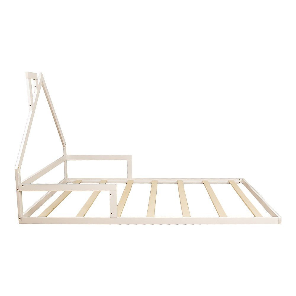 Pine Wood House Shaped Double Floor Bed White - Furniture > Bedroom - Bedzy Australia