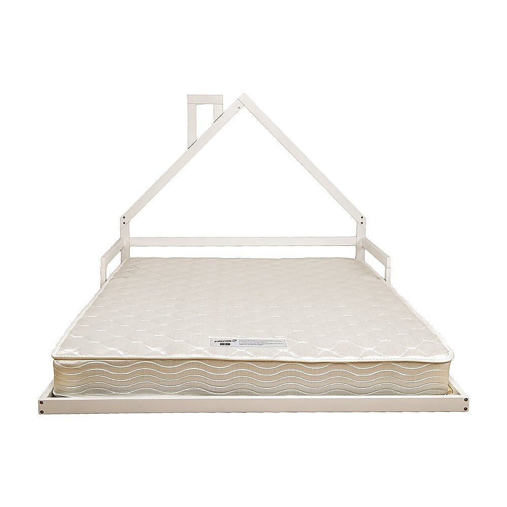 Pine Wood House Shaped Double Floor Bed White - Furniture > Bedroom - Bedzy Australia