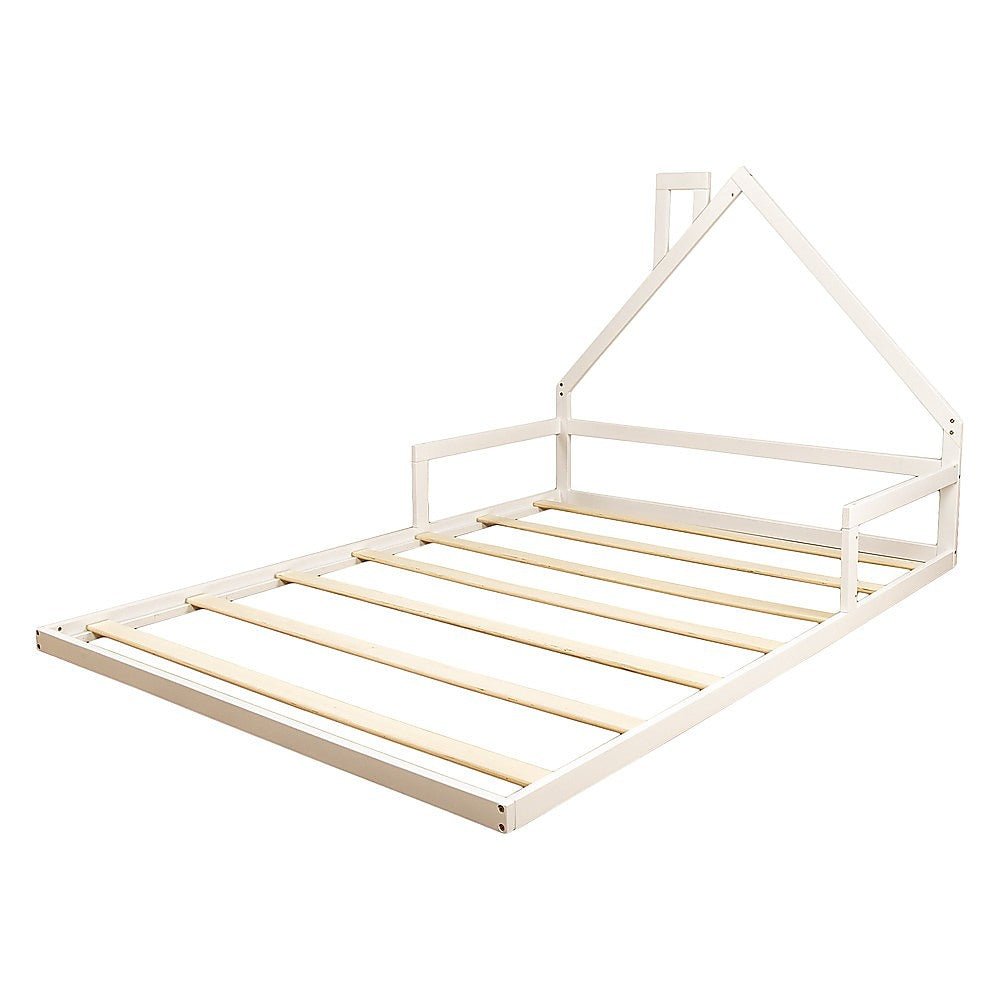 Pine Wood House Shaped Double Floor Bed White - Furniture > Bedroom - Bedzy Australia