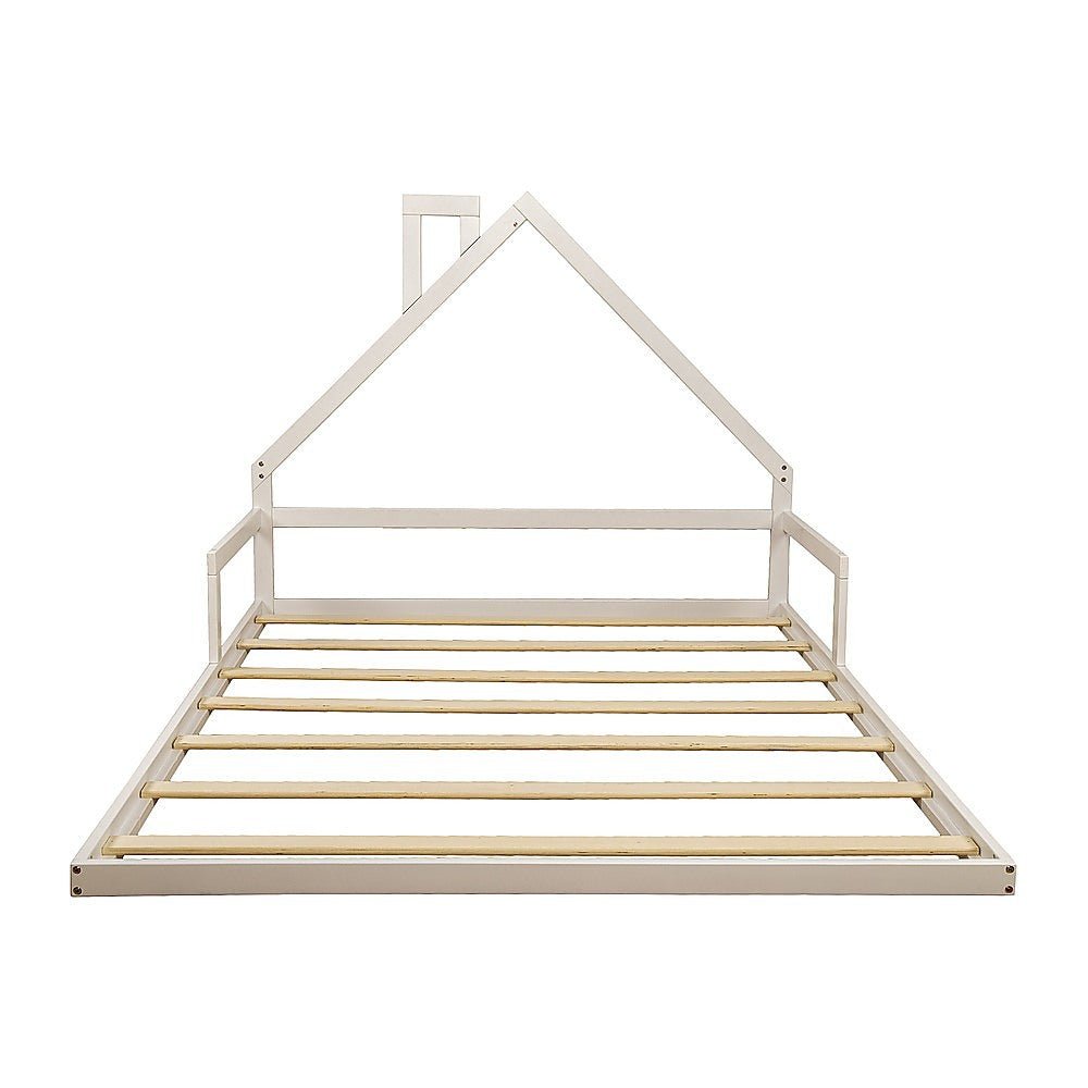 Pine Wood House Shaped Double Floor Bed White - Furniture > Bedroom - Bedzy Australia