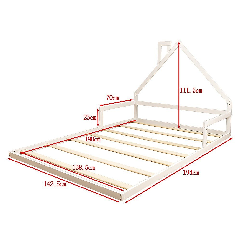 Pine Wood House Shaped Double Floor Bed White - Furniture > Bedroom - Bedzy Australia