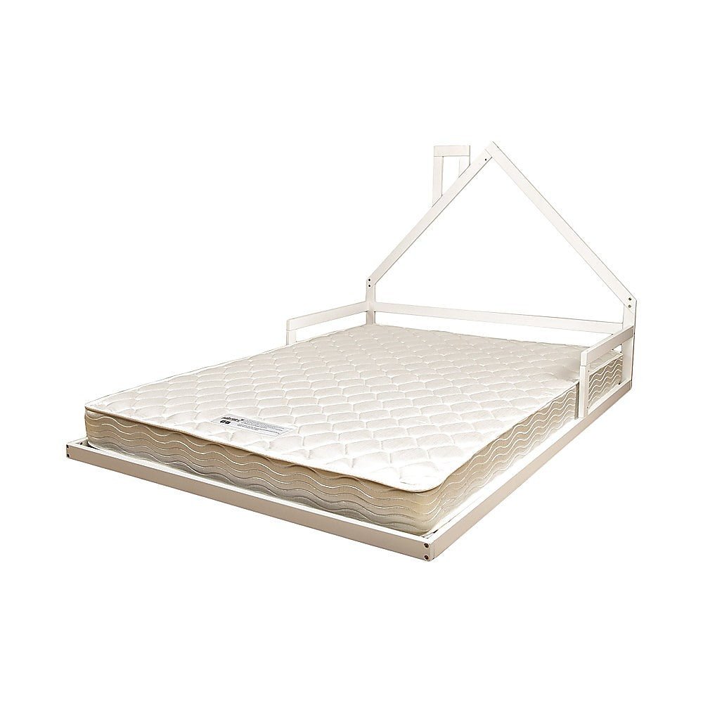 Pine Wood House Shaped Double Floor Bed White - Furniture > Bedroom - Bedzy Australia