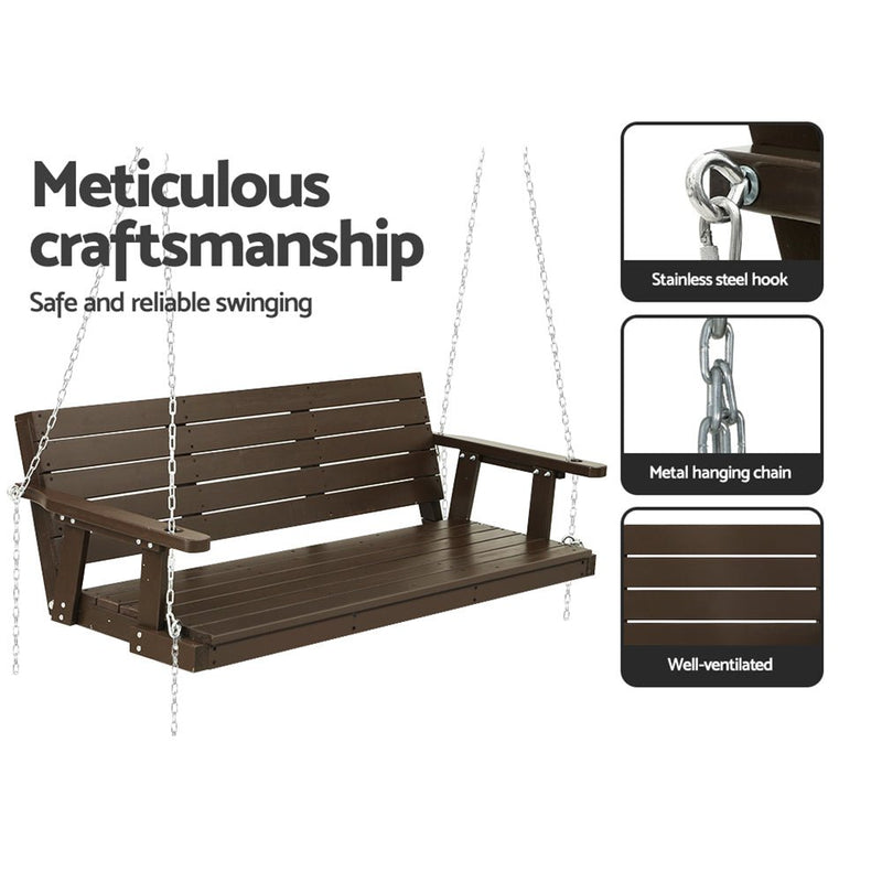 Porch Swing Chair with Chain Outdoor Furniture 3 Seater Bench Wooden Brown - Furniture > Outdoor - Bedzy Australia