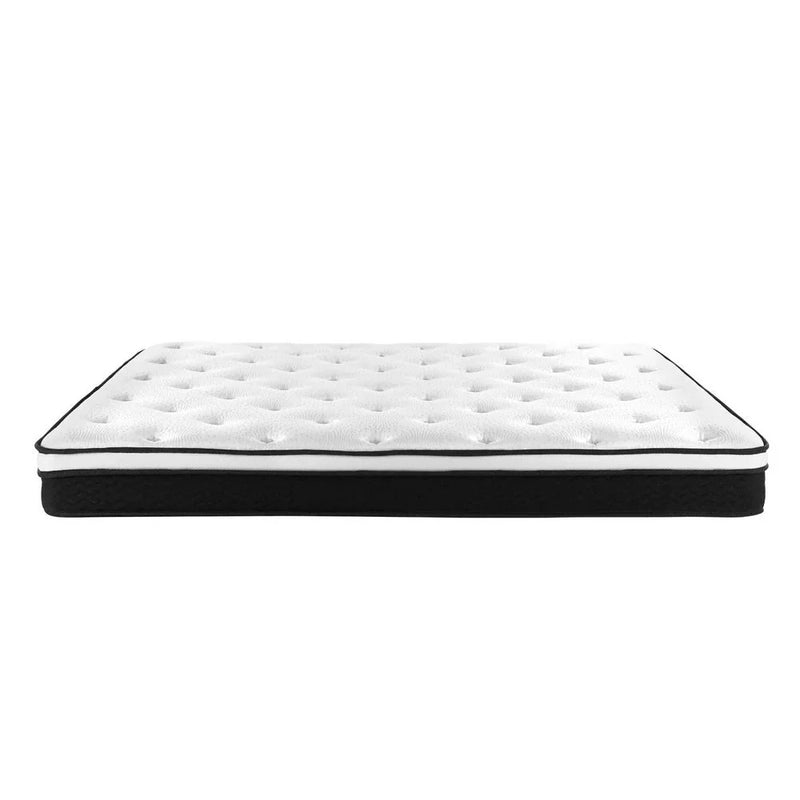 Queen Package | Aura Bed Frame With 2 Storage Drawers White & Bonita Pillow Top Mattress (Medium Firm) mattress close-up on white background