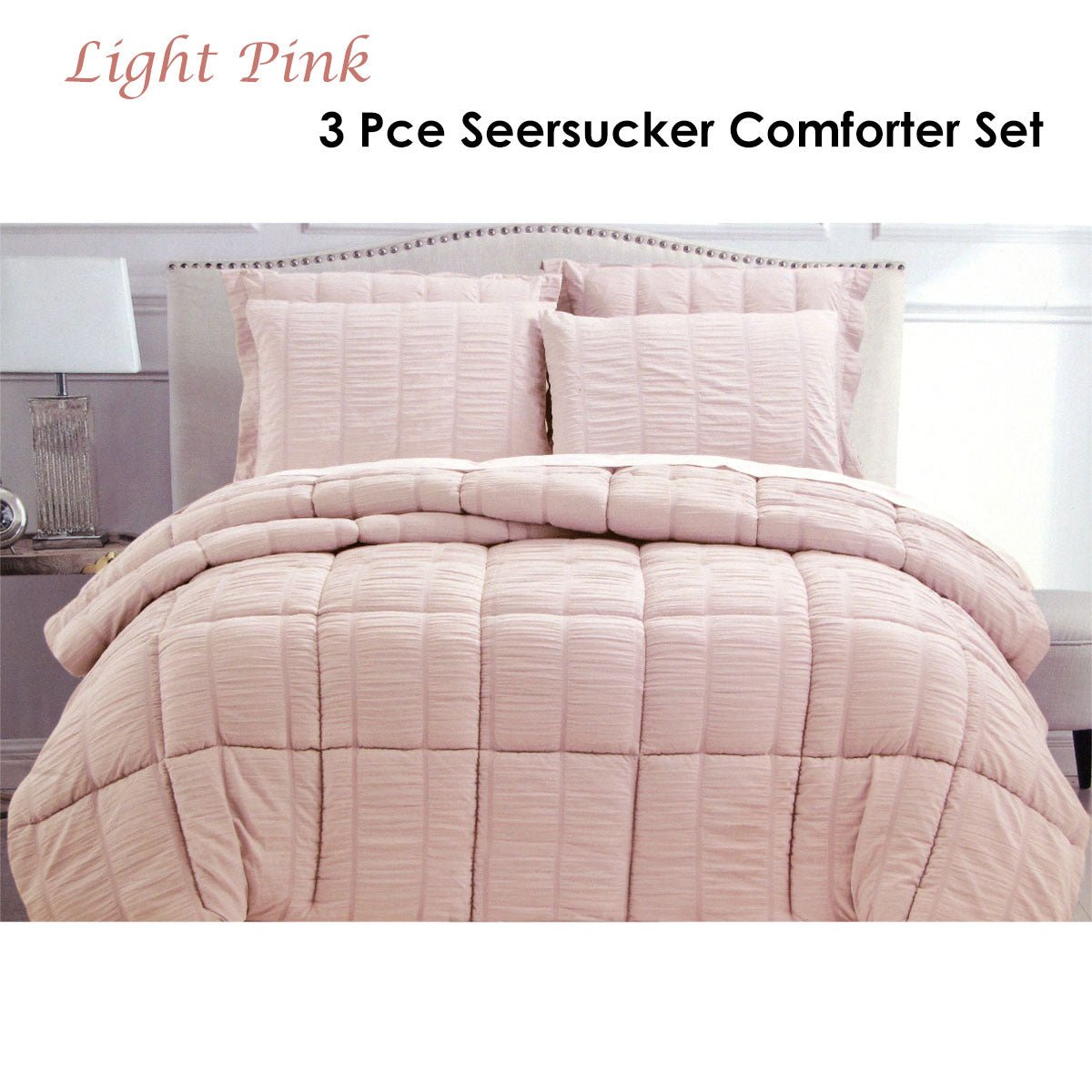 Seersucker Comforter Set Queen Light Pink - Home & Garden > Bedding - Bedzy Australia