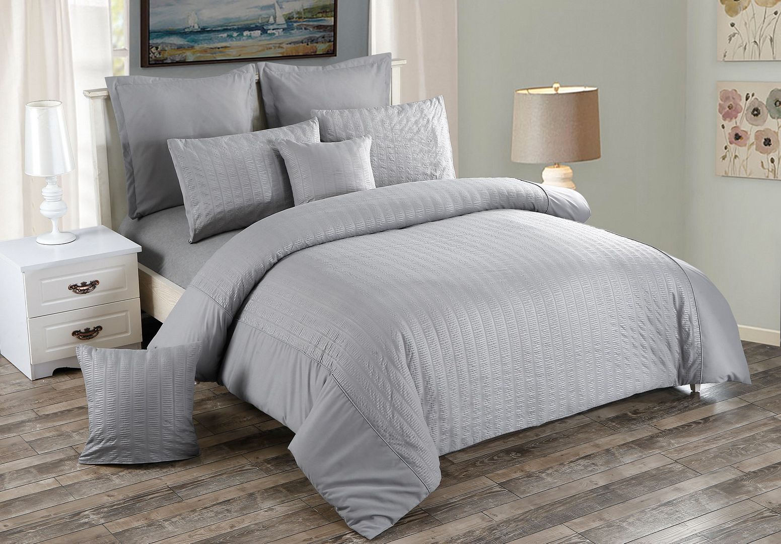 Seersucker Queen Size Grey Duvet Quilt Cover Set - Home & Garden > Bedding - Bedzy Australia